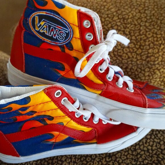 NEW Womens sz8 Mens sz6.5 Vans Racer Sk8 Hi Flames Red Leather high top shoes - Picture 1 of 10